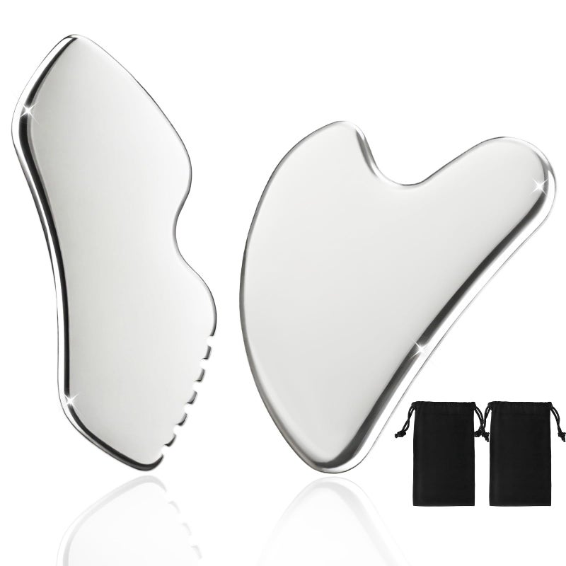 BUTBU 2PCS Gua Sha Facial Tool, Stainless Steel GuaSha Scraping Massage Stone Tools, Massage Scraper for Face, Eyes, Neck, Body, Lymphatic Drainage and Jawline Sculpting, Skin Care Gift (Silver)
